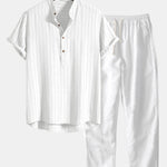 Linen Blend Striped Half Open Placket Henley Collar Shirt & Straight Leg Linen Pants