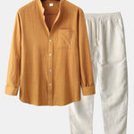 Long Sleeved Linen Look Stand Collar Shirt & Straight Leg Linen Pants