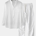 Long Sleeved Linen Look Stand Collar Shirt & Straight Leg Linen Pants