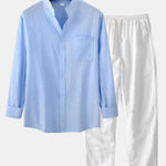Long Sleeved Linen Look Stand Collar Shirt & Straight Leg Linen Pants