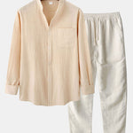 Long Sleeved Linen Look Stand Collar Shirt & Straight Leg Linen Pants