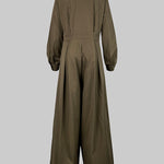 Long Sleeves Loose Buttoned No Belt Solid Color V-neck Jumpsuits