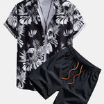 Skull Tropical Print Button Up Shirt & Swim Shorts