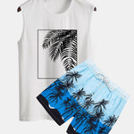 Palm Leaf Print Tank Top & Tropical Print Swim Shorts