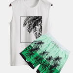Palm Leaf Print Tank Top & Tropical Print Swim Shorts