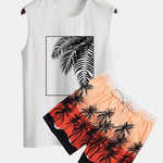 Palm Leaf Print Tank Top & Tropical Print Swim Shorts