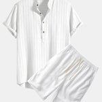 Linen Blend Striped Henley Collar Shirt & Linen Cotton Blend 11" Shorts