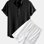 Linen Blend Striped Henley Collar Shirt & Linen Cotton Blend 11" Shorts