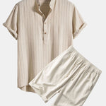 Linen Blend Striped Henley Collar Shirt & Linen Cotton Blend 11" Shorts