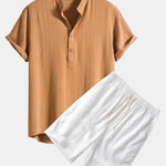 Linen Blend Striped Henley Collar Shirt & Linen Cotton Blend 11" Shorts
