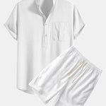 Linen Look Henley Collar Shirt & Linen Cotton Blend 11" Shorts