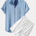 Linen Look Henley Collar Shirt & Linen Cotton Blend 11" Shorts