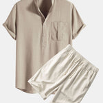 Linen Look Henley Collar Shirt & Linen Cotton Blend 11" Shorts