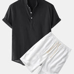 Solid Color Basic Henley Shirts & Linen Cotton Blend 11" Shorts