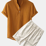 Solid Color Basic Henley Shirts & Linen Cotton Blend 11" Shorts