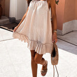 Solid color V-neck backless loose lotus leaf dress