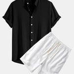 Linen And Rayon Blend Stand Collar Shirt & Linen Cotton Blend 11" Shorts