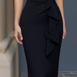 Sheer Neckline Ruffle-Trim Sculpted Midi Dress