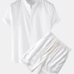 Linen Look Short Sleeve Stand Collar Shirts & Linen Cotton Blend 11" Shorts
