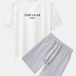 Paris Letter Print Dropped Shoulders Oversize T-Shirt & Sweat Shorts