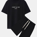 Paris Letter Print Dropped Shoulders Oversize T-Shirt & Sweat Shorts