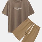 Paris Letter Print Dropped Shoulders Oversize T-Shirt & Sweat Shorts