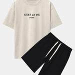 Paris Letter Print Dropped Shoulders Oversize T-Shirt & Sweat Shorts