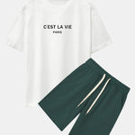 Paris Letter Print Dropped Shoulders Oversize T-Shirt & Sweat Shorts