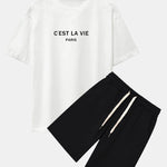 Paris Letter Print Dropped Shoulders Oversize T-Shirt & Sweat Shorts
