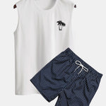 Palm Tree Print Tank Top & Striped Print Swim Shorts