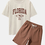 Florida Palm Tree Print Heavy Weight Oversize T-Shirt & Twill Jacquard Shorts