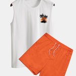Palm Tree Sunset Print Tank Top & Swim Shorts