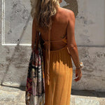 Linen Blend Elastic Waist Halter Backless Pocket Slit Midi Dress