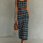 Women's Minimalist Checkered Knit Square-neck Sleeveless Maxi Dress With Belt