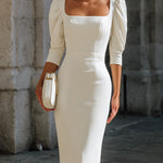Square Neck Puff Sleeve Tailored Midi Dress