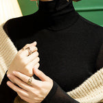 Long Sleeves Plus Size See-Through Solid Color Split-Joint High Neck T-Shirts