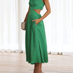 Cap Sleeve Belly-Hollow Pleated Solid Color Stand Collar Maxi Dresses