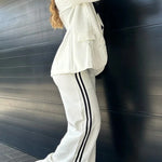 Sporty Mixed Formal Striped Trim Lapel Blazer and Elastic Waist Pocket Loose Pants Set