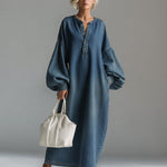 Elegant Urban-style Blue Denim Button-down Maxi Dress