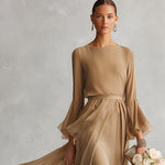 Women's Neutral Sheer Chiffon Dress With Bell Sleeves & Ruffled Skirt, Timeless Romantic-Luxe Style Dress