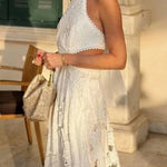 Sevilla Sun Embroidery Crochet Flowers Cutout Waist Halter Backless Maxi Dress