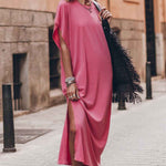 Pink Crew Neck Bat Sleeve Split Maxi T-shirt Dress