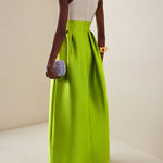 A-Line High Waisted Contrast Color Pleated Zipper Deep V-Neck Maxi Dresses