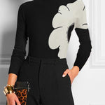 Long Sleeves Skinny Contrast Color Floral Printed Split-Joint High Neck T-shirts
