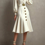 Loose Puff Sleeves Pleated Split-Joint Tied Waist V-Neck Midi Dresses