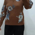 Turtleneck Loose-fitting Sequined Floral Pattern Long Sleeve Knitted Sweater