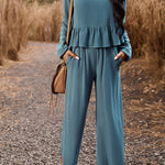 Temperament casual suit solid color long-sleeved top loose trousers