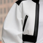 Puff Sleeves Contrast Color Split-Joint Zipper Stand Collar Jackets&Coats