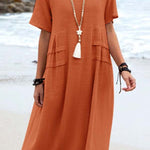 Summer loose casual cotton and linen solid color round neck short-sleeved mid-length dress