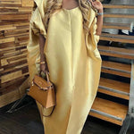 Half Sleeves Loose Elasticity Pleated Solid Color Split-Front V-Neck Maxi Dresses